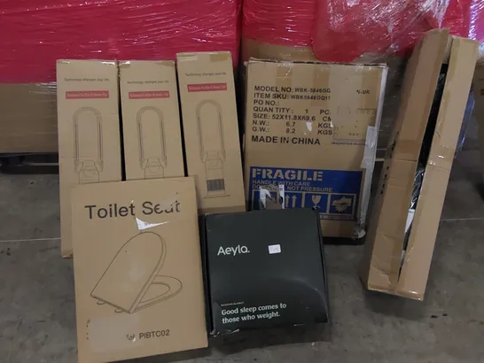 PALLET OF ASSORTED ITEMS INCLUDING: BLADELESS PURIFIER & HEATER FANS, HOLLYWOOD MIRROR, WEIGHED BLANKET, TOILET SEAT, ARTIFICIAL TREE