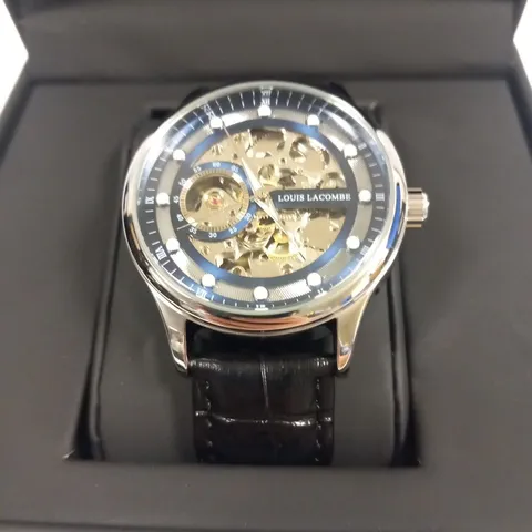 MENS LOUIS LACOMBE AUTOMATIC WATCH – SKELETON DIAL – GLASS EXHIBITION BACK CASE – LEATHER STRAP – GIFT BOX – EST £380