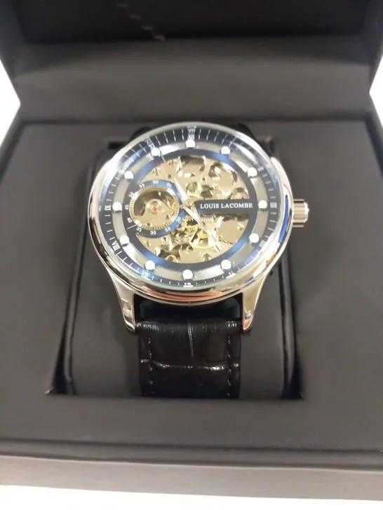 MENS LOUIS LACOMBE AUTOMATIC WATCH – SKELETON DIAL – GLASS EXHIBITION BACK CASE – LEATHER STRAP – GIFT BOX – EST £380