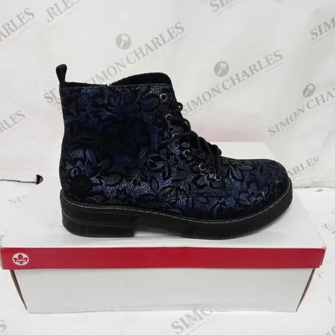 BOXED RIEKER LACE UP BOOTS, DARK FLORAL - SIZE 7.5