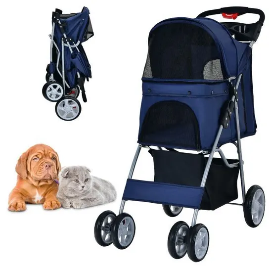 BOXED COSTWAY FOLDABLE 4-WHEEL PET STROLLER WITH STORAGE BASKET - NAVY (1 BOX)