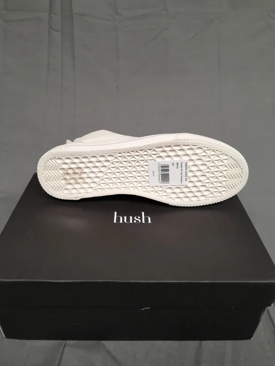 BOXED PAIR OF HUSH AUDEN HI TOP TRAINERS WHITE SIZE 40 