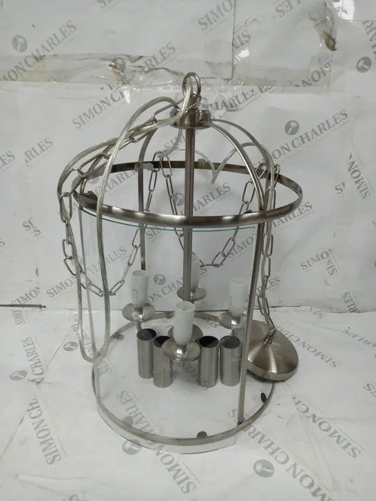 METAL CANDELABRA WITH CAGE AND 4 GLASS PANELS