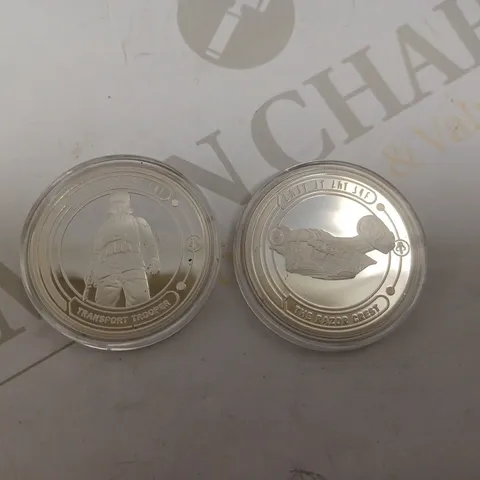 TWO MANDALORIAN COLLECTABLE COINS INCLUDING TRANSPORT TROOPER AND THE RAZOR CREST