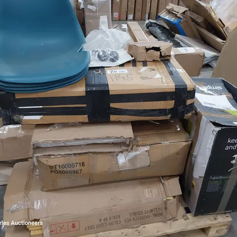 PALLET OF ASSORTED BOXED FURNITURE PARTS INCLUDING 4 SEAT BASES, ROLL OUT SUN SHADE, TABLE PARTS, FLAT PACK FURNITURE PARTS.