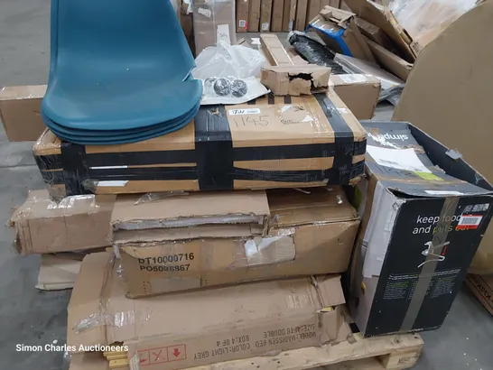 PALLET OF ASSORTED BOXED FURNITURE PARTS INCLUDING 4 SEAT BASES, ROLL OUT SUN SHADE, TABLE PARTS, FLAT PACK FURNITURE PARTS.