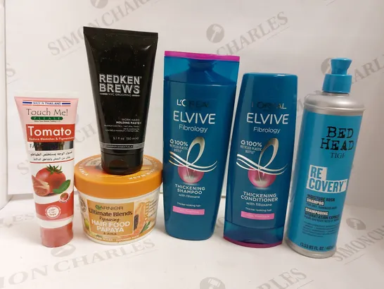 BOX OF APPROX 10 ITEMS TO INCLUDE ELVIVE FIBROLOGY SHAMPOO AND CONDITIONER, GARNIER HAIR FOOD, BED HEAD RECOVERY SHAMPOO