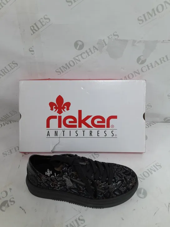 BOXED PAIR OF RIEKER FLORAL TRAINERS IN BLACK SIZE 4