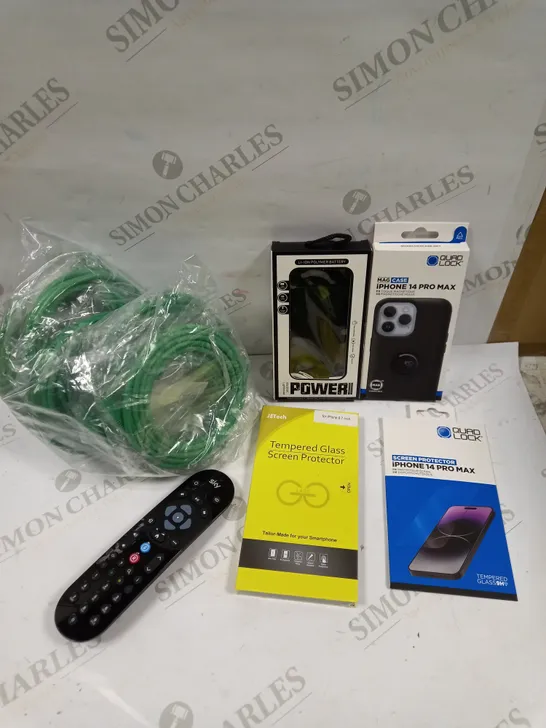 BOX OF APPROXIMATELY 20 ASSORTED PHONE & ELECTRICAL ITEMS TO INCLUDE IPHONE 14 PRO MAX CASE, SKY REMOTE CONTROL, TEMPERED GLASS SCREEN PROTECTOR ETC 