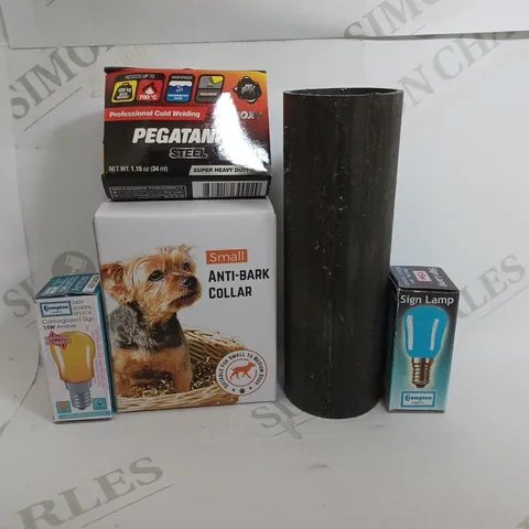 BOX OF APPROXIMATELY 10 ASSORTED ITEMS TO INCLUDE - METAL PIPES - SIGN LAMP - ANTI BARK COLLAR ETC