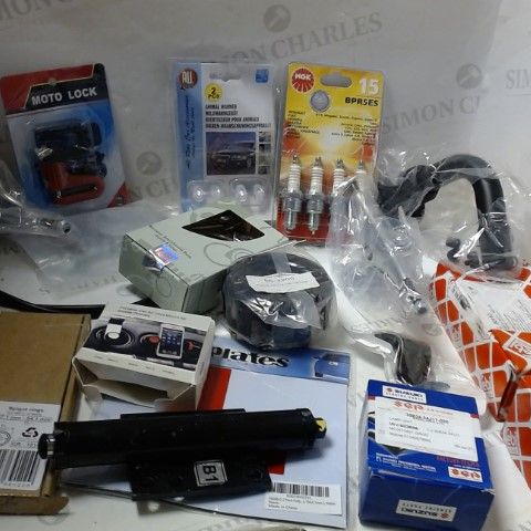 LOT OF ASSORTED ITEMS TO INCLUDE; SPARK PLUGS, BIKE LOCK ETC 