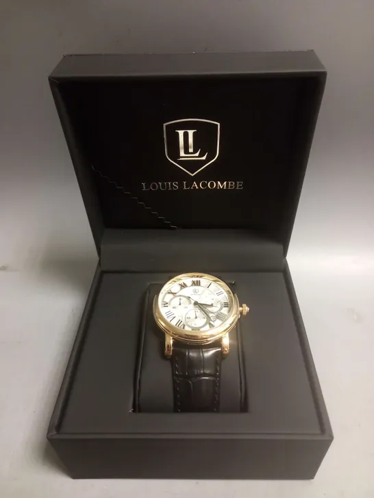 BOXED LOUIS LACOMBE TEXTURED STRAP WRIST WATCH IN BLACK/GOLD