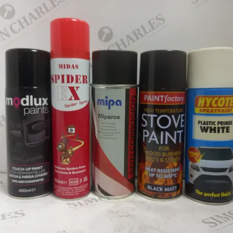 BOX OF APPROX 12 ASSORTED AEROSOLS TO INCLUDE MIDAS SPIDER SPRAY, MODLUX TOUCH UP PAINT, HYCOTE PLASTIC PRIMER WHITE, ETC