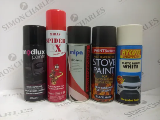 BOX OF APPROX 12 ASSORTED AEROSOLS TO INCLUDE MIDAS SPIDER SPRAY, MODLUX TOUCH UP PAINT, HYCOTE PLASTIC PRIMER WHITE, ETC