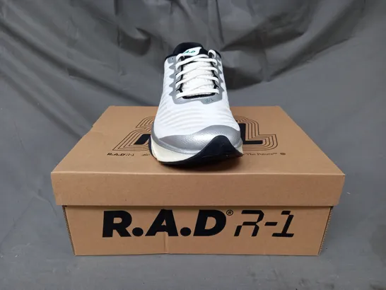 BOXED PAIR OF R.A.D. R-1 SHOES IN WHITE/METALLIC SILVER/GREEN UK SIZE 8