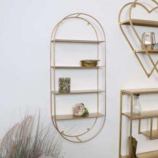 BOXED GOLD METAL OVAL WALL SHELVING UNIT