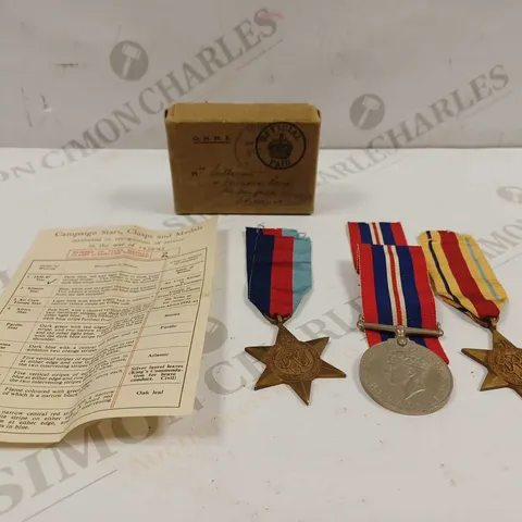 SMALL BOX CONTAINING 3 X ASSORTED BRITISH MILITARY SERVICE MEDALS WITH PAPERWORK