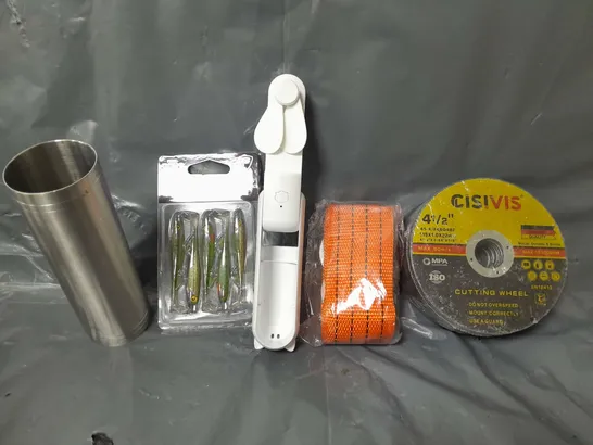 BOX OF APPROXIMATELY 8 ASSORTED ITEMS TO INCLUDE - CISIVIS CUTTING WHEEL , PORTABLE FAN , FOX RAGE STICKLEBACK ETC