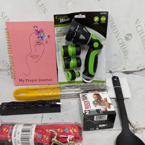 BOX OF APPROXIMATELY 10 ASSORTED ITEMS TO INCLUDE - PRAYER JOURNAL, ROCK TAPE, CHARGER PORT ETC