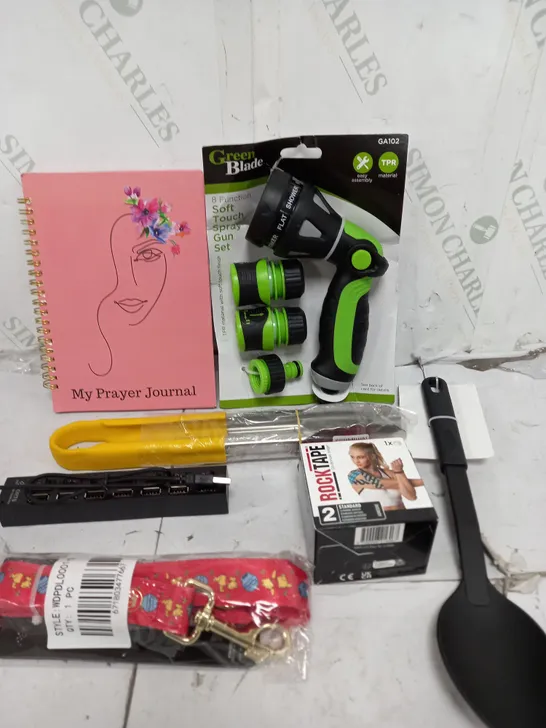 BOX OF APPROXIMATELY 10 ASSORTED ITEMS TO INCLUDE - PRAYER JOURNAL, ROCK TAPE, CHARGER PORT ETC