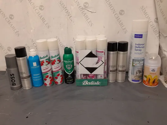 APPROXIMATELY 12 ASSORTED AEROSOLS TO INCLUDE BOSS DEODRANT, DRY SHAMPOO, AND COLOURED HAIR THICKENER ETC.