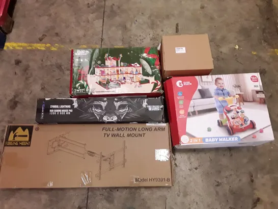 PALLET OF ASSORTED PRODUCTS INCLUDING BABY WALKER TOY, FULL-MOTION TV WALL MOUNT, GAMING MOUSE PAD, WAX MOULDS, KIDS CHRISTMAS PLAY SET