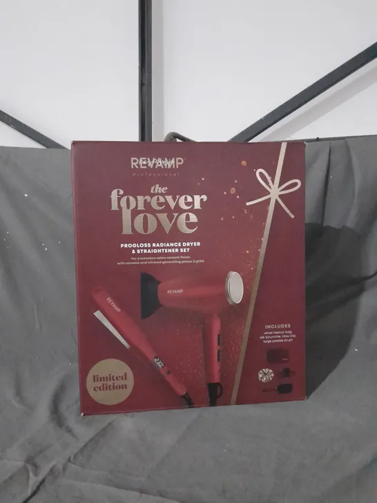 BOXED REVAMP PROFESSIONAL THE FOREVER LOVE PROGLOSS RADIANCE DRYER AND STRIGHTENER SET 