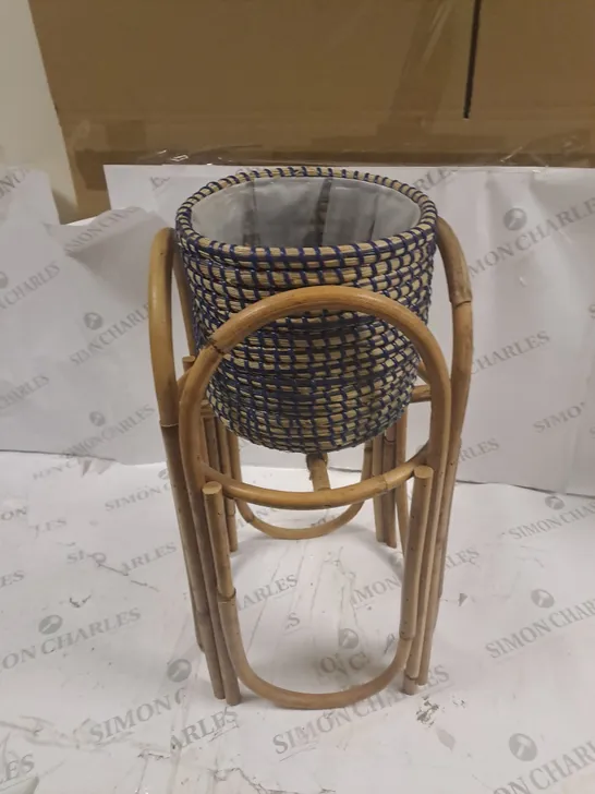 WOODEN STAND AND WEAVED PLANT POT