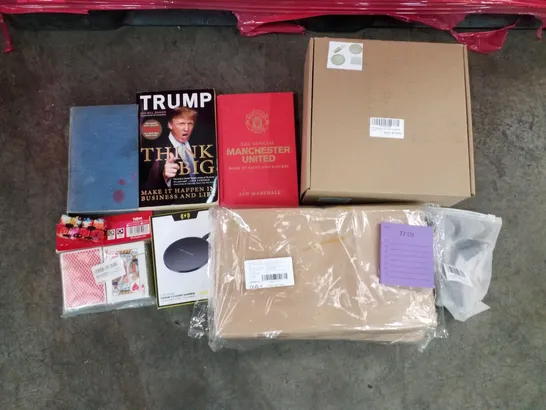 PALLET OF 6 BOXES CONTAINING ASSORTED PRODUCTS INCLUDING DECK OF CARDS, THINK BIG TRUMP BOOK, MANCHESTER UNITED BOOK, WIRELESS FAST CHARGER, TODO POSTIT NOTES, FACE MASKS 