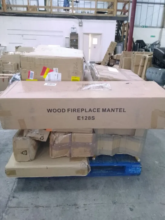 PALLET OF APPROXIMATELY 15 FURNITURE PARTS ASSORTED ITEMS TO INCLUDE WOOD FIREPLACE, SHELF WALLY, METAL BED FRAME ETC