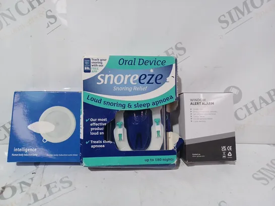 APPROXIMATELY 10 ASSORTED HOUSEHOLD ITEMS TO INCLUDE WINDOW ALERT ALARM, SNOREEZE SNORIGN RELIEF, INTELLIGENCE LED NIGHT LIGHT, ETC