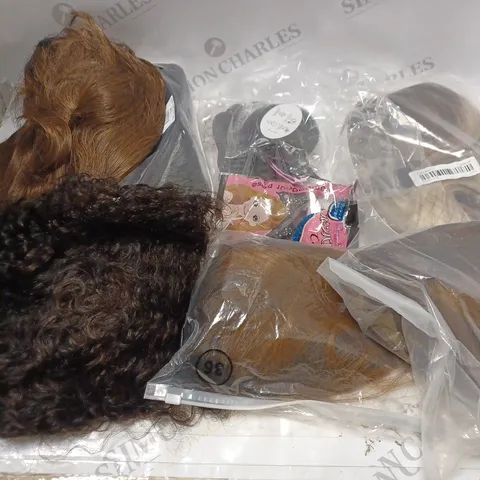 BOX OF ASSORTED WIGS COMING IN DIFFERENT STYLES , COLOURS AND TEXTURES 