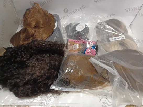 BOX OF ASSORTED WIGS COMING IN DIFFERENT STYLES , COLOURS AND TEXTURES 