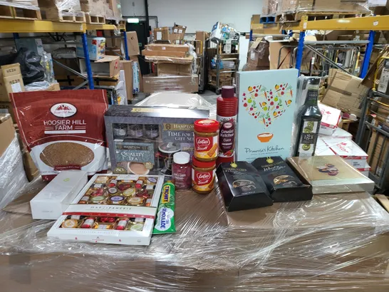 PALLET OF 6 LARGE BOXES OF A SIGNIFICANT QUANTITY OF ASSORTED FOOD, DRINK AND BEAUTY PRODUCTS TO INCLUDE HAMPTON TIME FOR TEA GIFT SET, LINDT SWISS LUXURY SELECTION, LOTUS BISCOFF CRUNCHY SPREAD, ETC