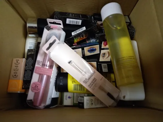 BOX OF APPROXIMATELY 20 ASSORTED COSMETICS TO INCLUDE REA; TECHNIQUES BROW BRUSH, ESPA SHOWER GEL, GLITTER FIXER GEL ETX