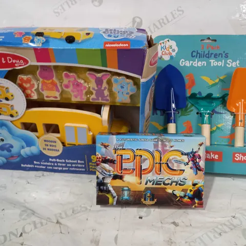 BOX OF APPROXIMATELY 20 ASSORTED TOYS AND GAMES TO INCLUDE CHILDREN'S GARDEN TOOL SET, EPIC MECHS GAME, MELISSA & DOUG PULL-BACK SCHOOL BUS, ETC