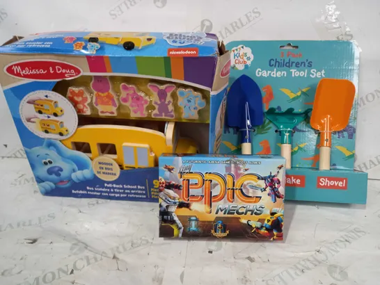 BOX OF APPROXIMATELY 20 ASSORTED TOYS AND GAMES TO INCLUDE CHILDREN'S GARDEN TOOL SET, EPIC MECHS GAME, MELISSA & DOUG PULL-BACK SCHOOL BUS, ETC