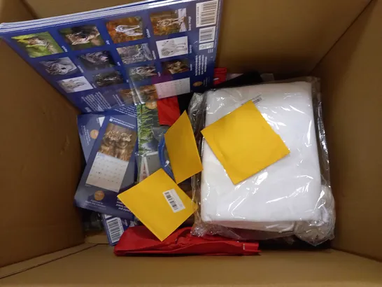 BOX OF APPROX 15 ASSORTED ITEMS TO INCLUDE ASSORTED 2022 CALENDARS, FACE MASKS, ETHERNET CABLE