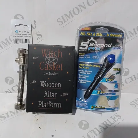 APPROXIMATELY 15 ASSORTED HOUSEHOLD ITEMS TO INCLUDE WITCH CASKET WOODEN ALTER PLATFORM, VIVA FLEXIBLE CONNECTOR, ETC