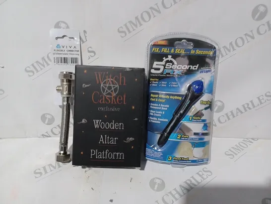 APPROXIMATELY 15 ASSORTED HOUSEHOLD ITEMS TO INCLUDE WITCH CASKET WOODEN ALTER PLATFORM, VIVA FLEXIBLE CONNECTOR, ETC