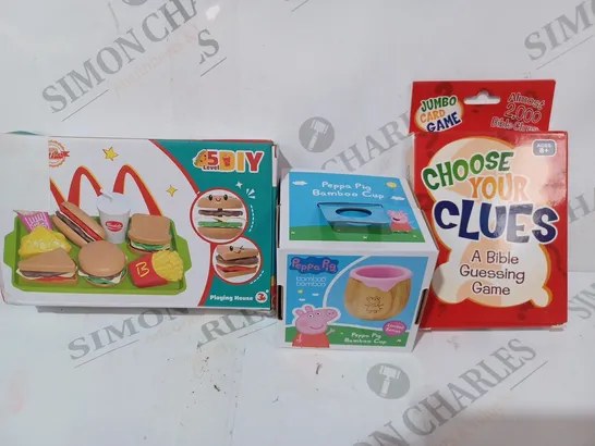 BOX OF APPROXIMATELY 20 ASSORTED TOYS AND GAMES TO INCLUDE CHOOSE YOUR CLUES PEPPA PIG BAMBOO CUP, ETC