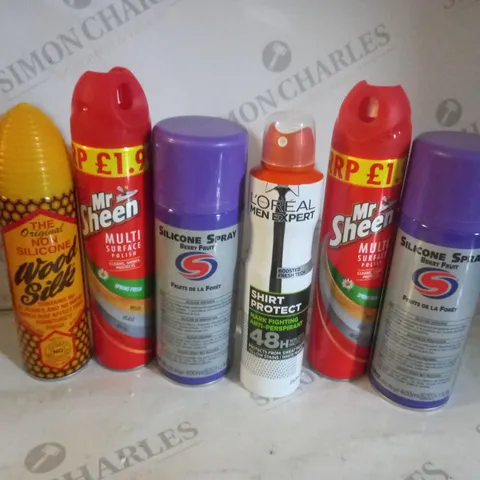 BOX OF APPROX 10 ASSORTED AEROSOLS INCLUDING MR SHEEN MULTI SURFACE POLISH, SILICONE SPRAY BERRY FRUIT AND THE ORIGINAL NON SILICONE WOOD SILK - COLLECTION ONLY