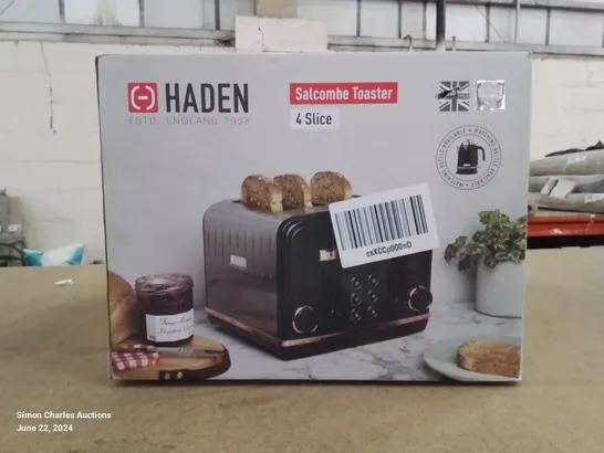 BOXED BRAND NEW HADEN 4 SLICE TOASTER IN BLACK AND ROSE GOLD