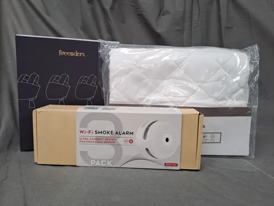 BOX OF APPROXIMATELY 20 ASSORTED HOUSEHOLD ITEMS TO INCLUDE WIFI SMOKE ALARM, COTTON QUILTED PILLOW PROTECTOR, BABY SLING, ETC