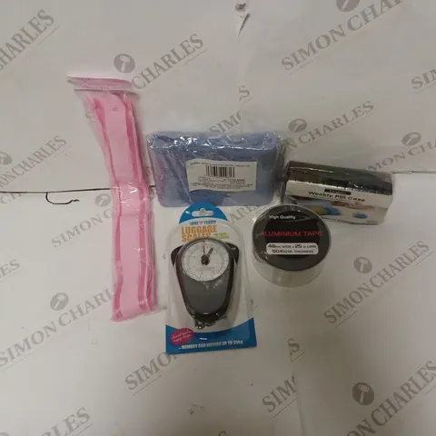 APPROXIMATELY 15 HOUSEHOLD ITEMS TO CONTAIN ALUMINIUM TAPE, PORTABLE LUGGAGE SCALES, WEEKLY TAIMANI WEEKLY PILL CASE ETC 