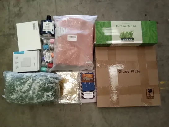 PALLET OF ASSORTED ITEMS INCLUDING GLASS PLATES, HERB GARDEN KIT, INFUSE MY HAIR COBALT SHAMPOO, NOTEBOOK AC ADAPTER, CHRISTMAS TINSEL, BALLOON PARTY SET