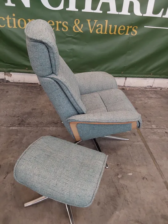 QUALITY BRITISH DESIGNER G PLAN LUND MANUAL RECLINING SWIVEL CHAIR & FOOTSTOOL DAPPLE OCEAN FABRIC 