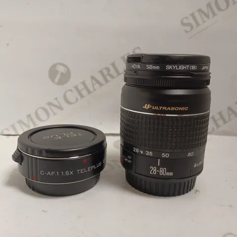 PAIR OF CAMERA LENS INCLUDING TELE PLUS C-AF1 1.5X TELEPLUS SHQ LENS AND CANON ULTRASONIC 28-80MM LENS