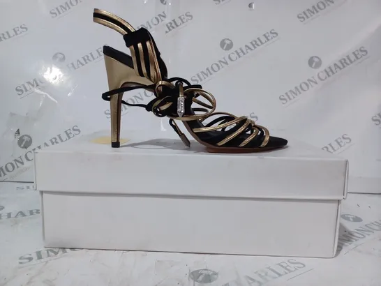 BOXED PAIR OF REISS CASSIDY STRAPPY HEELS IN BLACK/GOLD UK SIZE 4