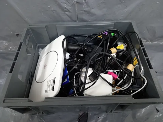 BOX OF ASSORTED HOUSEHOLD ITEMS TO INCLUDE REMOTES, WIFI BOXES AND ASSORTED CABLES